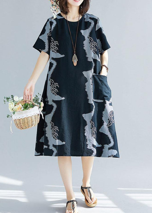 Women black prints cotton quilting clothes big pockets Plus Size summer Dress - SooLinen