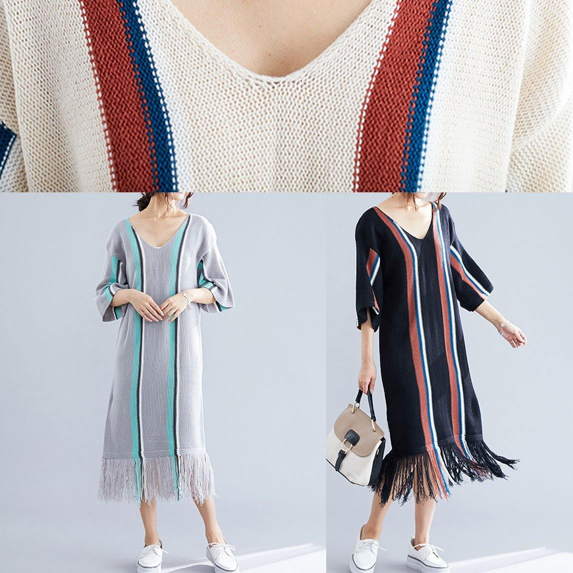 Women black v neck cotton tunics for women tassel Traveling summer Dress - SooLinen