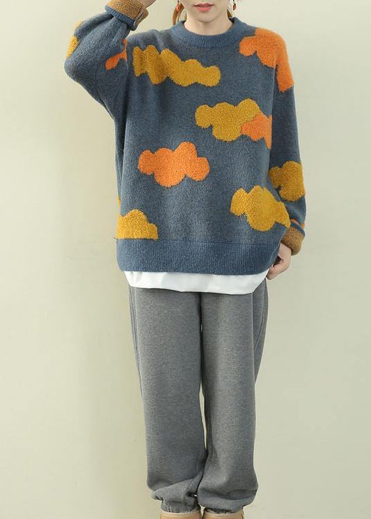 Women blue Cloud Knit Sweaters o neck false two pieces knitted pullover - SooLinen