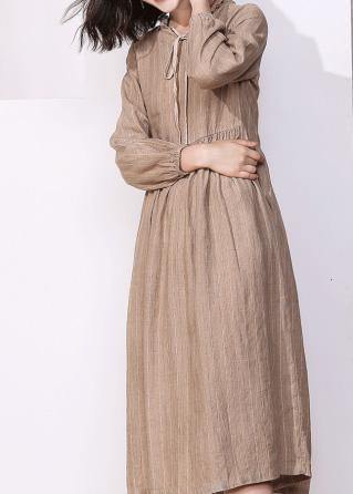 Women blue striped linen dresses v neck Dresses patchwork Dresses - SooLinen