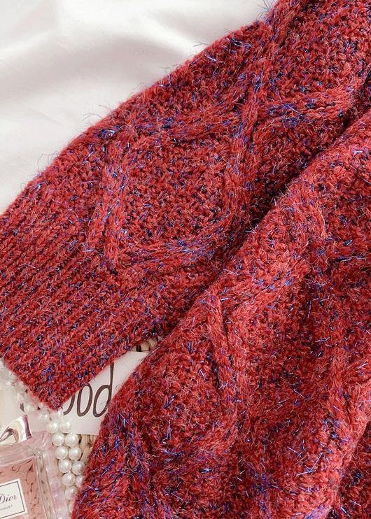 Women burgundy Sweater outfits plus size o neck thick Art knitted tops - SooLinen