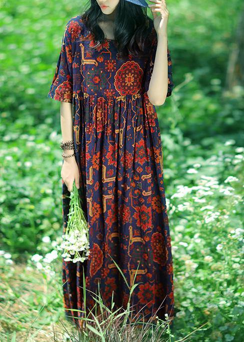 Women dark blue print linen Soft Surroundings o neck Cinched summer Dress - SooLinen