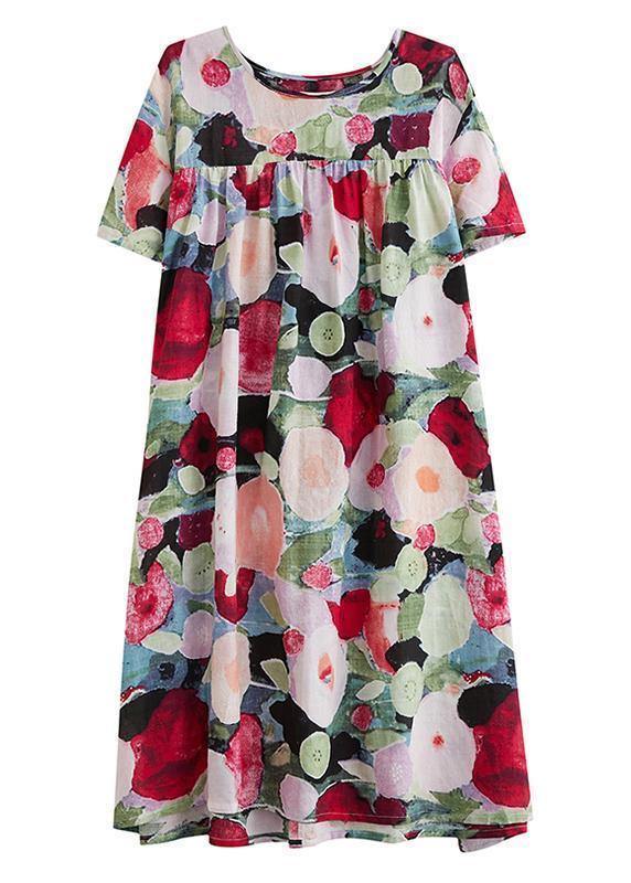 Women floral Cotton Wardrobes o neck Cinched tunic summer Dress - SooLinen