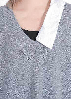 Women gray Sweater dress outfit Design Funny v neck knitted tops - SooLinen