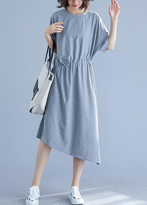 Women gray asymmetric hem cotton box dress Gifts drawstring waist summer dresses - SooLinen