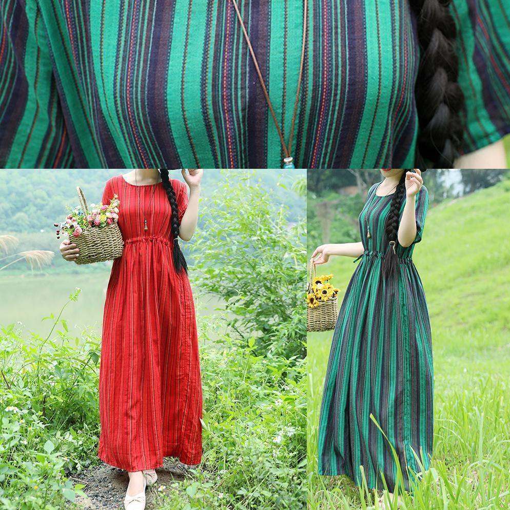 Women green striped cotton Long Shirts drawstring loose summer Dresses - SooLinen