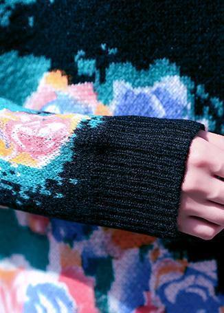 Women high neck Sweater Aesthetic plus size black print Fuzzy knit dress - SooLinen