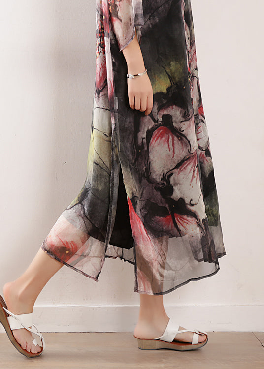 Women light gray prints blended dress Plus Size Photography side open long summer Dresses