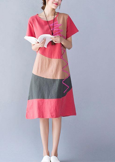 Women o neck cotton linen clothes Tunic Tops orange patchwork color Dresses summer - SooLinen