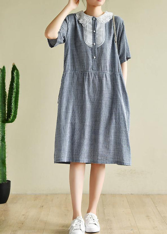 Women o neck elastic waist clothes Neckline navy striped Dress - SooLinen