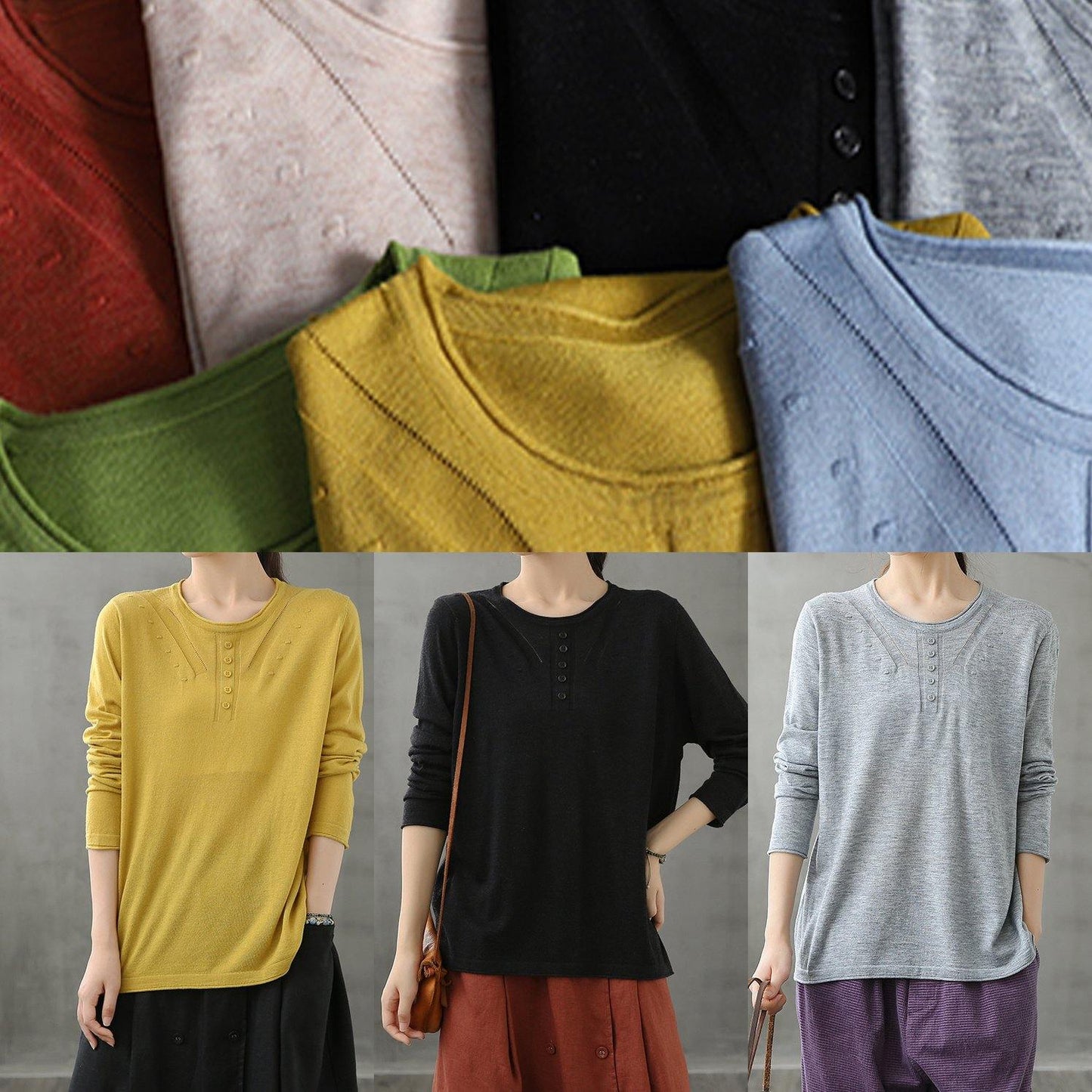 Women o neck long sleeve fall shirts pattern blue blouse - SooLinen