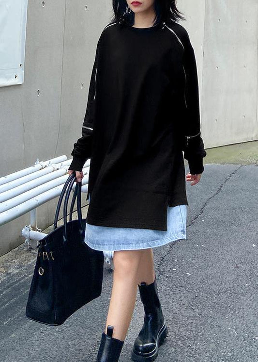 Women o neck patchwork fall clothes Tunic black Dresses - SooLinen