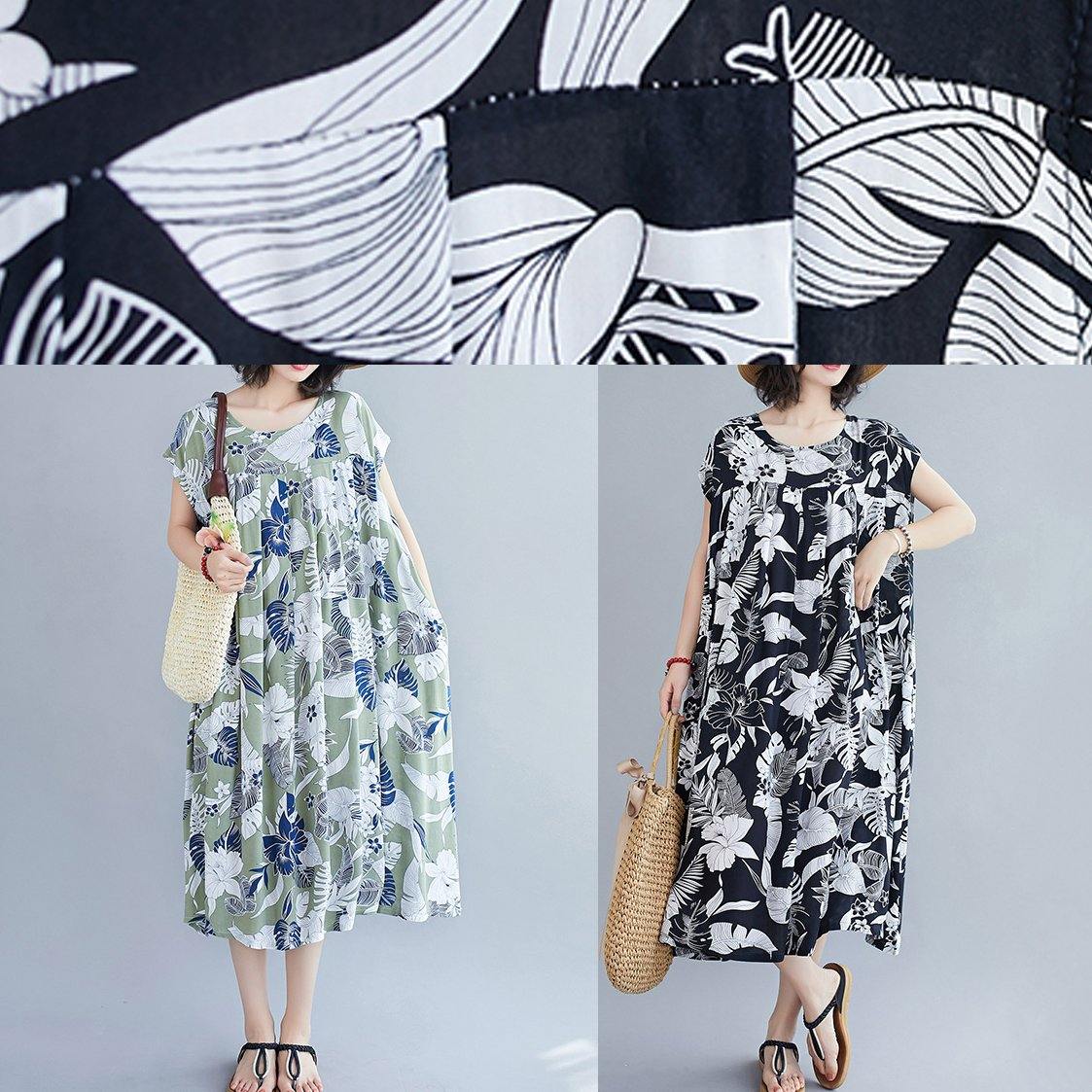 Women o neck pockets summer quilting dresses Runway black print Dress - SooLinen