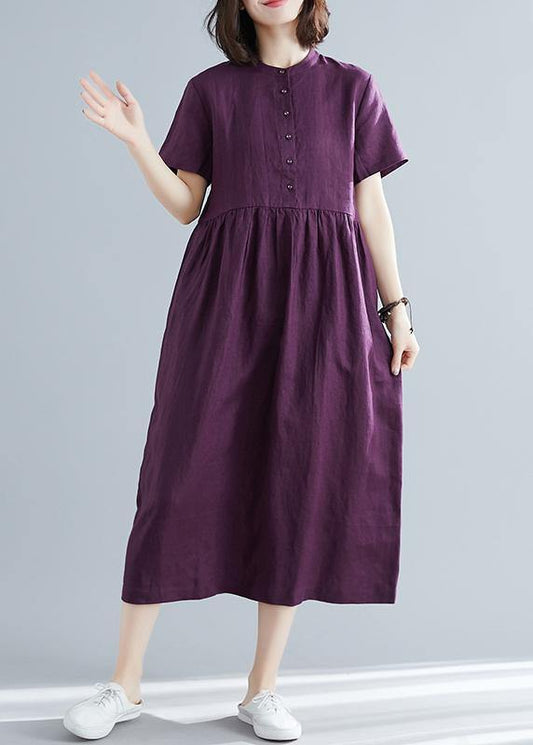 Women purple linen cotton clothes For Women plus size Fashion Ideas o neck large hem Maxi Summer Dresses - SooLinen