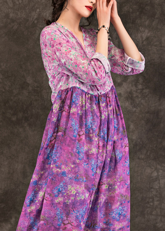 Women purple print linen dresses fine v neck patchwork loose spring Dresses