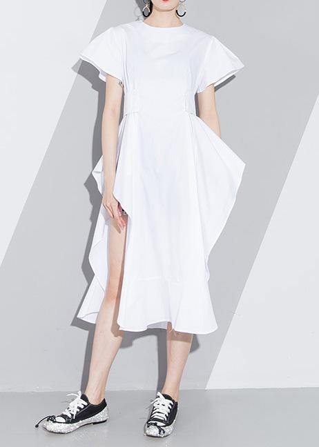 Women white Cotton tunic pattern short sleeve loose asymmetric sundress Dress - SooLinen