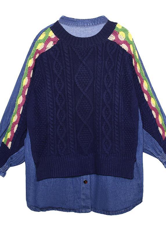 Women white knitted pullover plus size clothing knitted blouse patchwork false two pieces tops - SooLinen