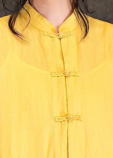 Women yellow linen clothes plus size Outfits stand collar Half sleeve long Summer Dresses