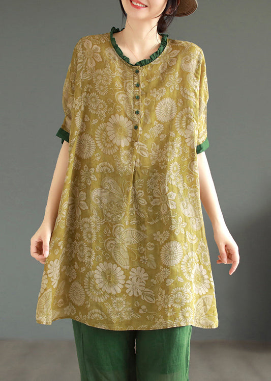 Yellow Button Patchwork Linen Mid Dresses O Neck Half Sleeve