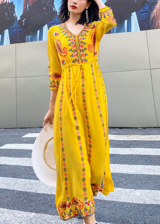 Yellow Lace Up Cotton Long Dresses V Neck Bracelet Sleeve