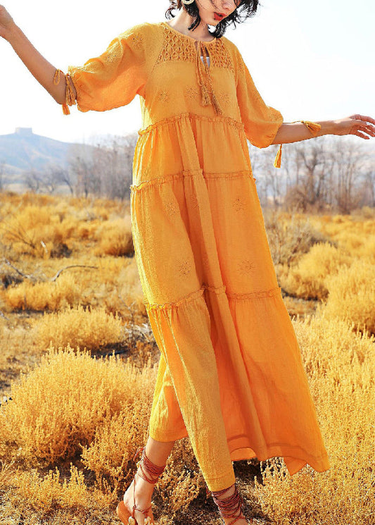 Yellow Lace Up Solid Cotton Summer Long Dress Ruffled
