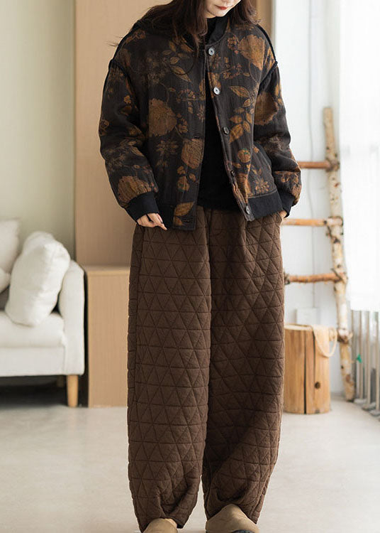 Yellow Leaf Print Fine Cotton Filled Jacket Oversized Winter