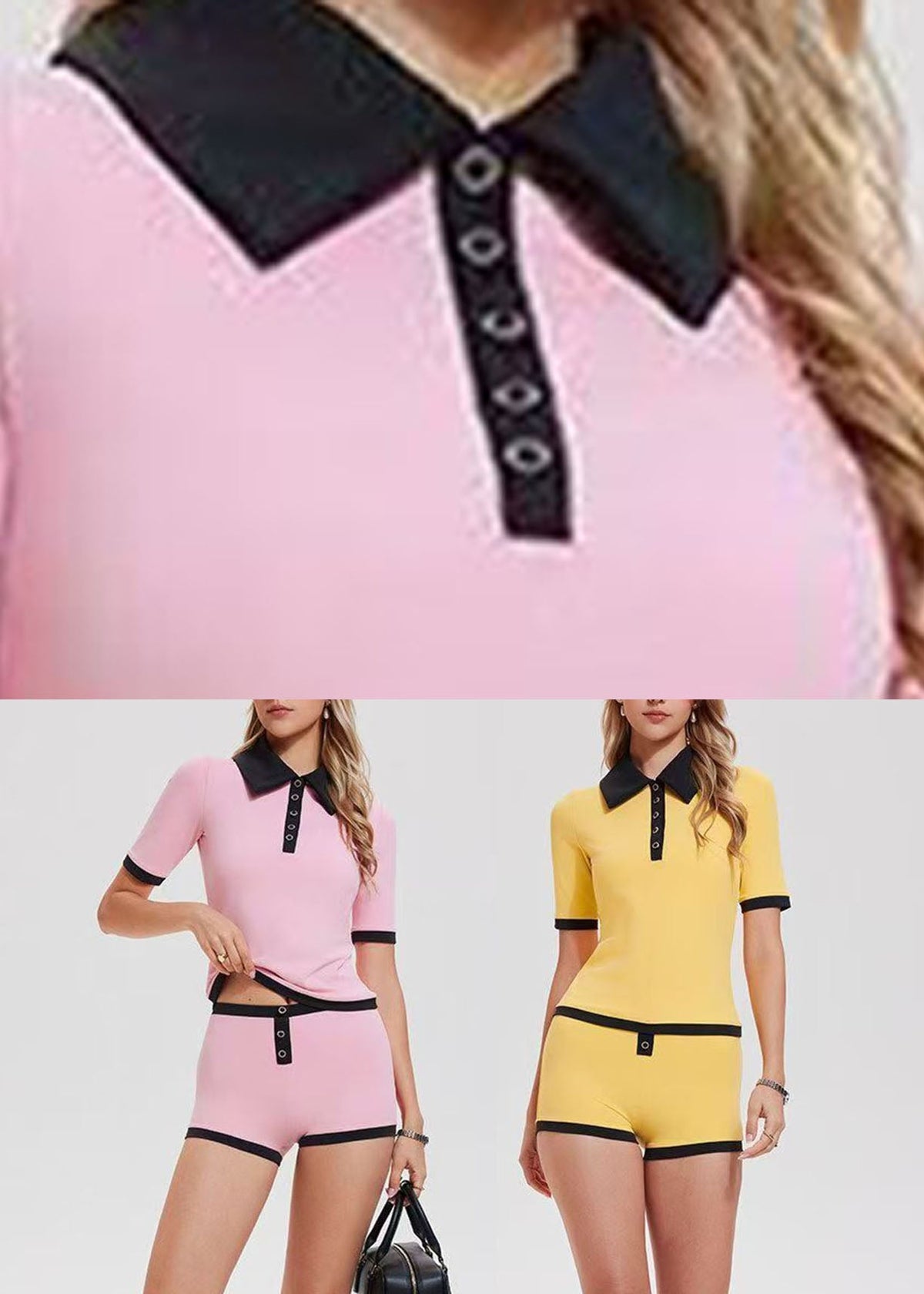 Yellow Patchwork Button Tennis Sportswear Two-Piece Set Summer