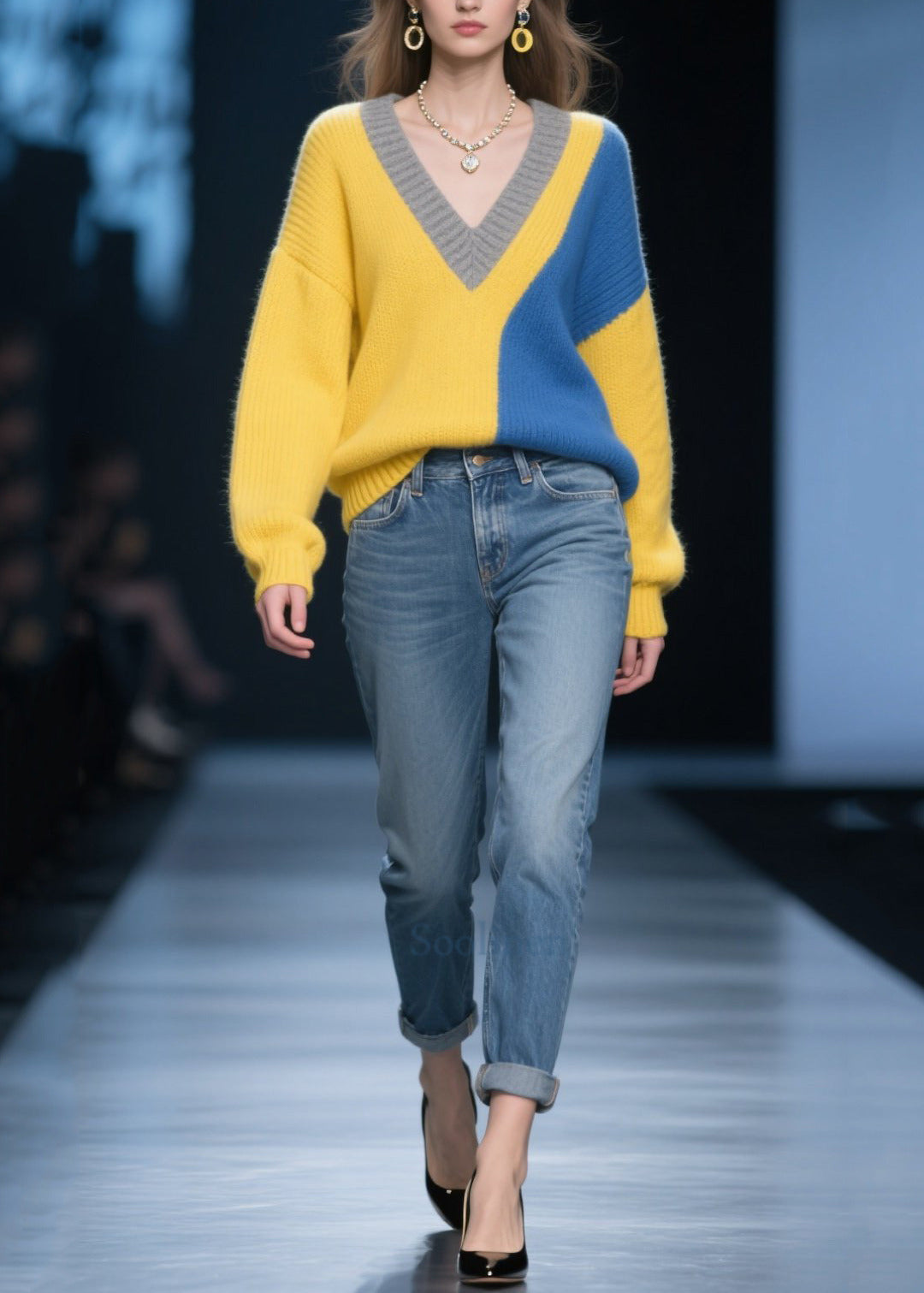 Yellow Patchwork Sweater Tops Asymmetrical Design Winter