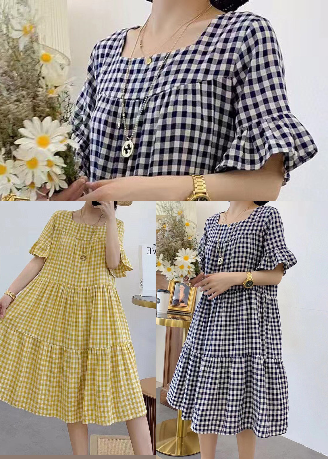 Yellow Plaid Cotton Dresses Oversized Butterfly Sleeve