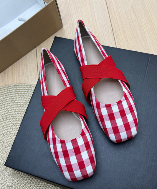 Yellow Plaid Cotton Fabric Women Splicing Flat Shoes