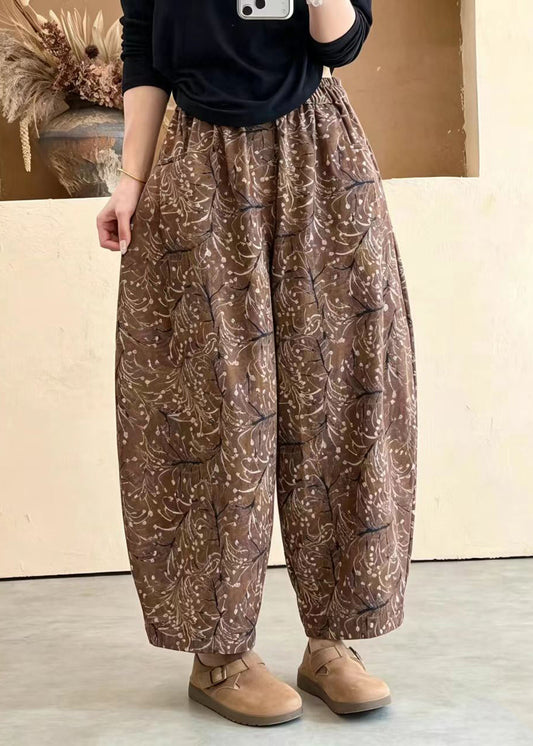 Yellow Pockets Print Elastic Waist Lantern Crop Pants Fall