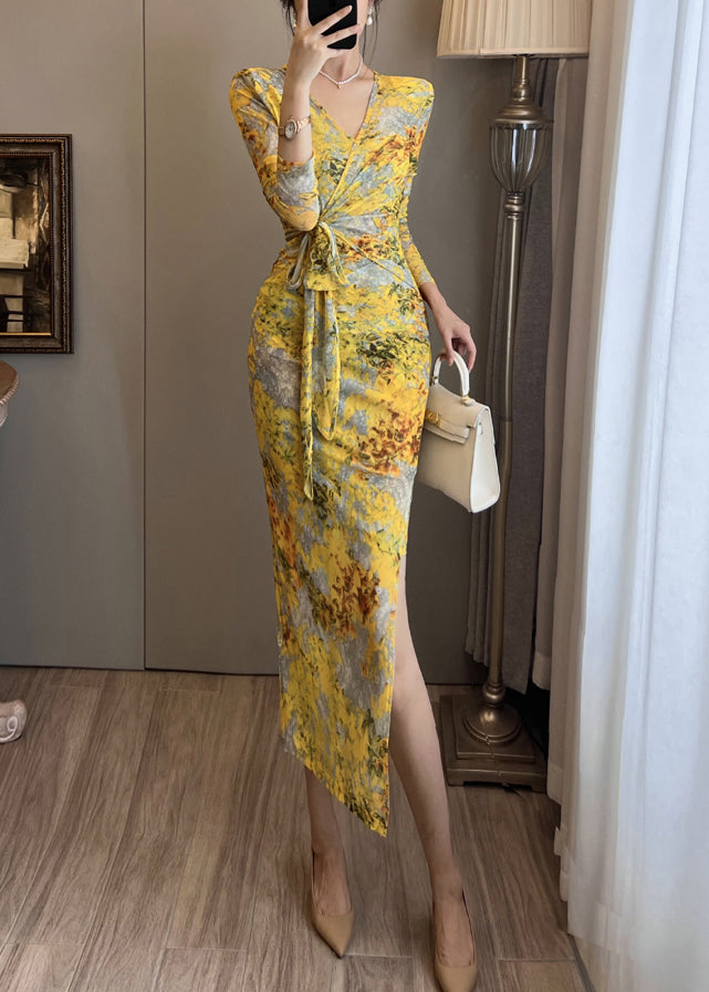 Yellow Print Tulle Party Dress Side Open Summer