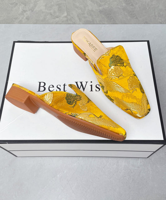 Yellow Satin Embroidered Chinese Style Splicing Slide Sandals