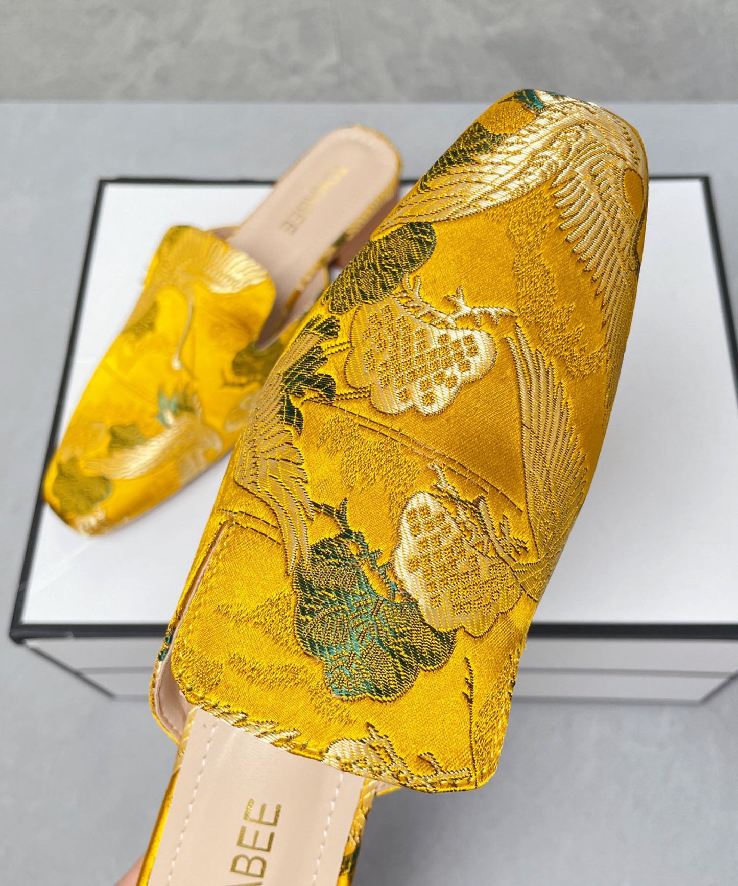 Yellow Satin Embroidered Chinese Style Splicing Slide Sandals
