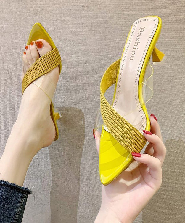 Yellow Suede Splicing Zircon High Heel Slide Sandals
