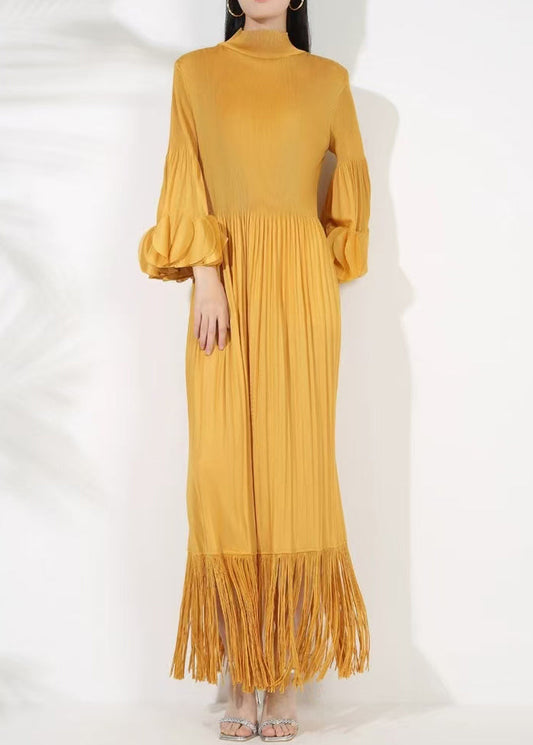 Yellow Tasseled Cotton Long Dress Turtleneck Petal Sleeve