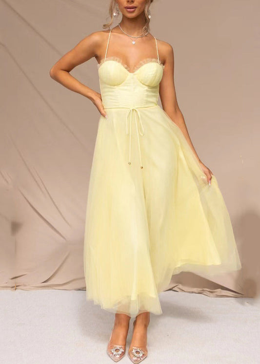 Yellow Tunic Tulle Tulle Maxi Spaghetti Strap Dress Summer