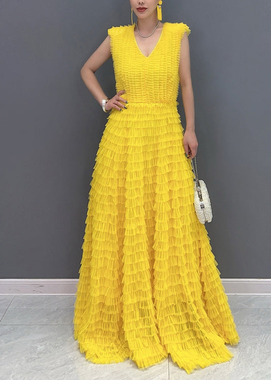Yellow Wrinkled Solid Vacation Maxi Cake Dresses Summer