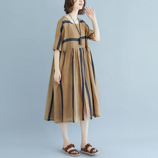 baggy Tencel Chiffon summer dress plus size Short Sleeve Round Neck Pockets Stripe Pleated Slit Dress