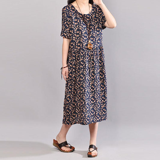 baggy long cotton dress oversized Floral Printed Dresses Summer Round Neck Short Sleeve Dress