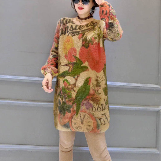 baggy loose bird print woolen blended sweater tops elastic plus size casual women knit pullover