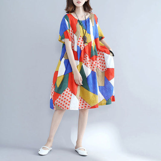 baggy orange patchwork cotton shift dress oversized cotton clothing dresses New o neck short sleeve natural cotton dress