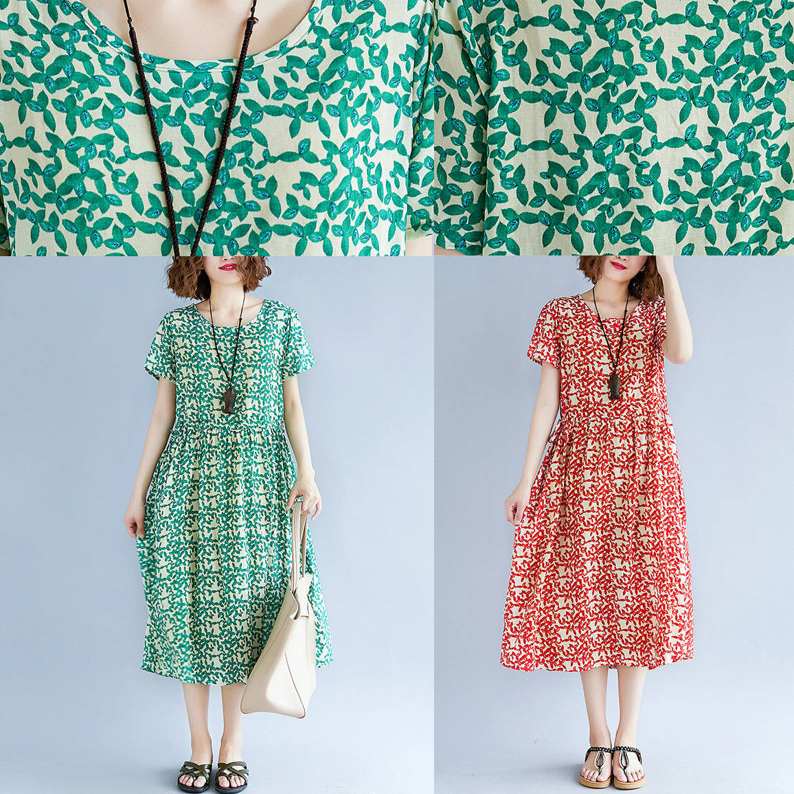 baggy red cotton linen dresses Loose fitting short sleeve print baggy dresses maxi dress 2018 o neck traveling dress