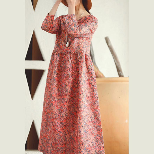 baggy red print linen dress plus size clothing holiday dresses vintage long sleeve baggy dresses O neck midi dress