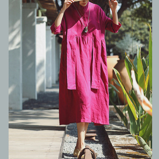 baggy rose cotton linen dress casual Stand cotton linen clothing dress New Three Quarter sleeve baggy dresses