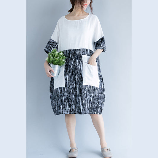 baggy white cotton shift dress oversize casual dress vintage patchwork o neck short sleeve cotton dress