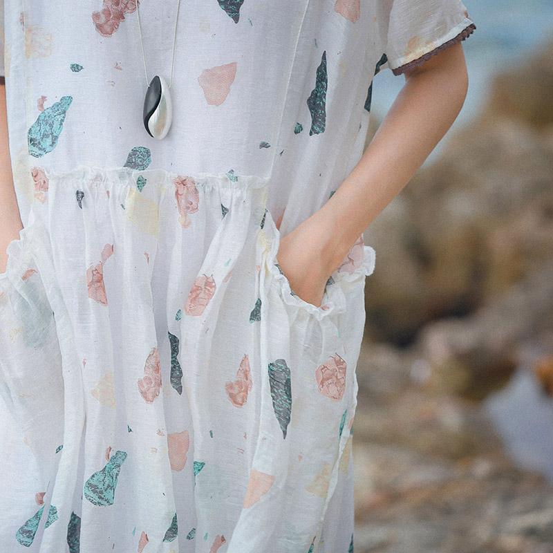 baggy white print natural silk linen dress oversize o neck baggy dresses silk linen gown 2018 short sleeve pockets dresses