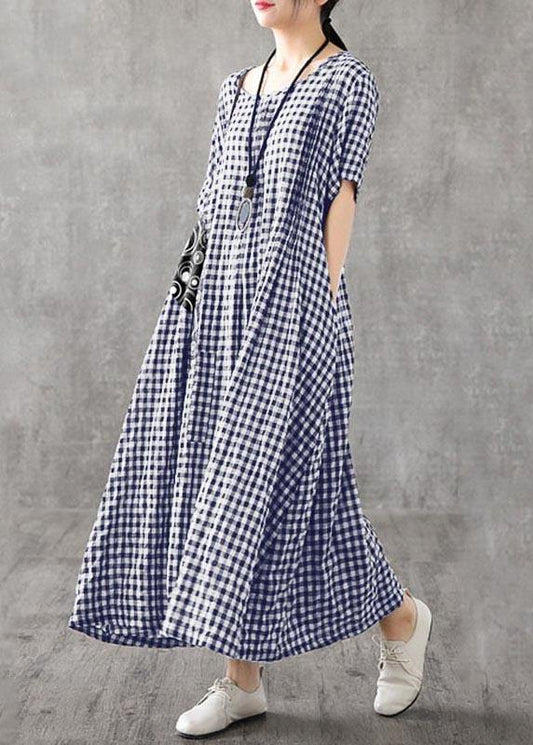 Blue Plaid Linen Dresses Summer Cotton Dress - SooLinen