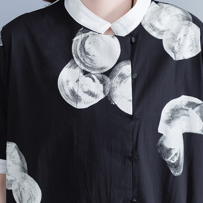 Boutique Black Prints Pure Chiffon Dress Oversize Chiffon Clothing Dresses Fine Big Hem Lapel Collar Chiffon Shirt Dress