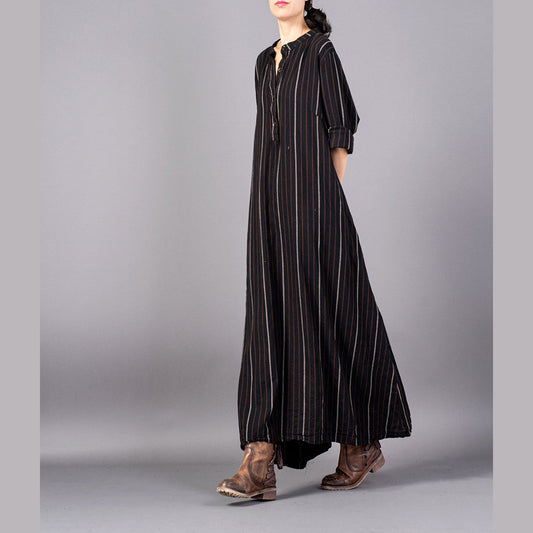 boutique black striped 2018 Loose fitting stand collar clothing dresses fine baggy pockets maxi dresses